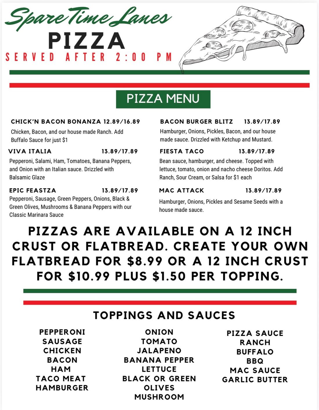Spare Time Lanes pizza menu — specialty pizzas served after 2:00 PM