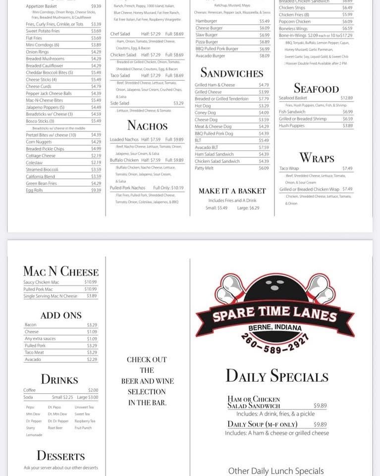 Spare Time Lanes full menu — appetizers, salads, nachos, sandwiches, baskets, seafood, and daily specials